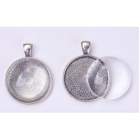   Ezüst Színű Kaboson Tartó Medál Kulcstartó + 25mm-es Üveg Lencse Szett