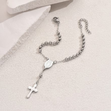 Ezüst Színű Nemesacél (K115) Kereszt Szűz Mária Rózsafüzér Karkötő Hossz: 16,5cm
