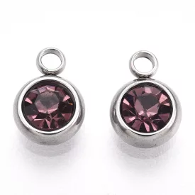   Ezüst Színű Nemesacél Medál Sötét Rózsaszín (9) Strassz Kővel 8,5x6mm