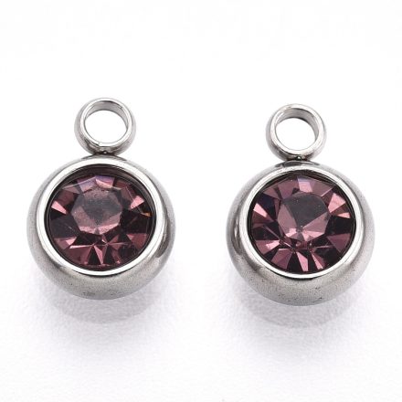 Ezüst Színű Nemesacél Medál Sötét Rózsaszín (9) Strassz Kővel 8,5x6mm