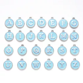   Ezüst Türkiz Színű Tűzzománc ABC Betű Kerek Medál 14x12mm (26db)
