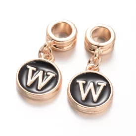   Rózsaarany Színű Fekete Tűzzománc W Betű ABC Charm 23x11,5mm