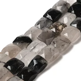   Fazettált Fekete Rutilkvarc Turmalinkvarc Lapos Kocka Ásványgyöngy 9-10x5-5,5mm