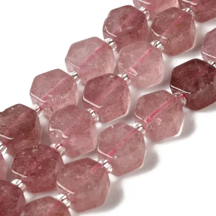 Fazettált Lapos Hexagon Eperkvarc Ásványgyöngy Gyöngyfüzér 8,5-9x8,5-10x4-5mm