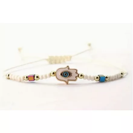 Fehér Csúszócsomós Hamsa Kéz Szerencse Karkötő (K132) Hossz: 16-22cm