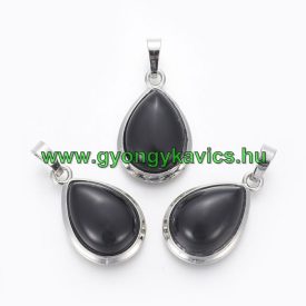   Fekete Achát Ásvány Medál Ezüst Keretben 26x16-17x8-10mm