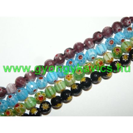 Fekete Fazettált Millefiori Üveggyöngy 8mm
