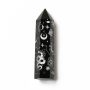 Fekete Obszidián Ezüst Ásvány Hatszögletű Prizma Nap Hold Csillag Örvény Kígyó Nazar Szem Marokkő 20-25x80-90mm
