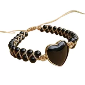   Fekete Obszidián Szív Csúszócsomós Állítható Ásvány Karkötő