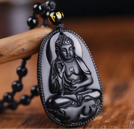 Fekete Obszidián Másolat (Üveg) (15) Buddha Medál Nyaklánc Medál: 33x53mm Hossz: ~76cm