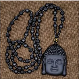   Fekete Obszidián Másolat (Üveg) (20) Buddha Budha Medál Nyaklánc Medál: 64x36mm Hossz: ~76cm
