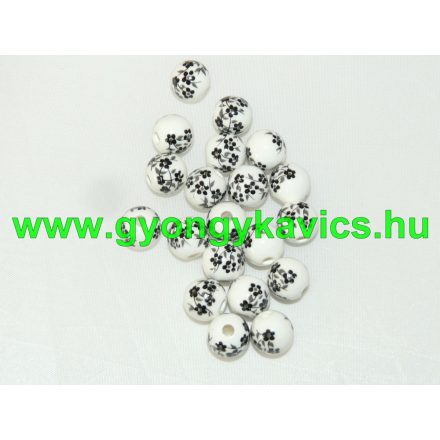 Fekete Virágos Porcelán Gyöngy 12mm