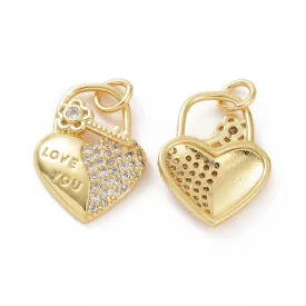   Arany Színű Cirkónia Strasszos Szív Lakat Kulcs I Love You Szeretlek Medál 21,5x16mm