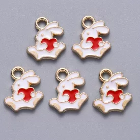   Arany Színű Fehér Piros Szív Tűzzománc Húsvéti Nyúl Nyuszi Medál 13,5x12mm