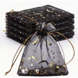   Fekete Hold Csillag Organza Tüll Díszzacskó Dísztasak 9x12cm