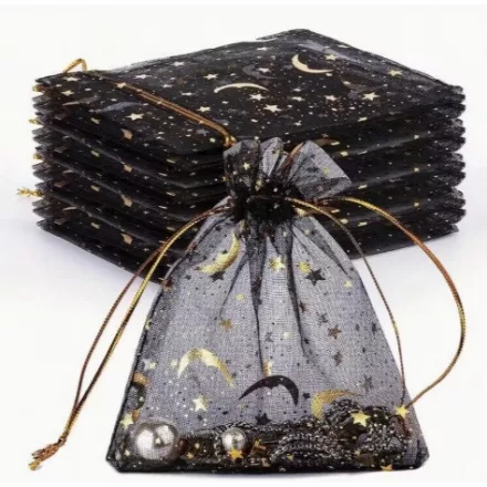 Fekete Hold Csillag Organza Tüll Díszzacskó Dísztasak 9x12cm