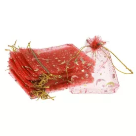   Piros Hold Csillag Organza Tüll Díszzacskó Dísztasak 9x7cm