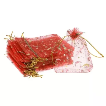 Piros Hold Csillag Organza Tüll Díszzacskó Dísztasak 9x7cm