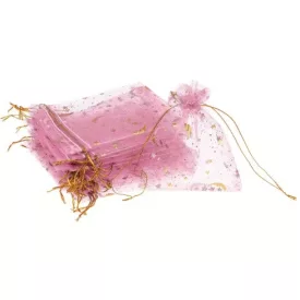   Rózsaszín Hold Csillag Organza Tüll Díszzacskó Dísztasak 9x7cm
