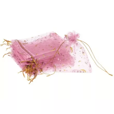 Rózsaszín Hold Csillag Organza Tüll Díszzacskó Dísztasak 9x7cm