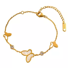   Arany Színű Nemesacél Cirkónia Strasszos Gyöngyház Lepke Pillangó Karlánc