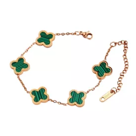 Rózsaarany Zöld Színű Gyöngyház Lóhere Karlánc