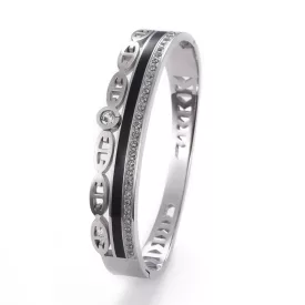   Ezüst Színű Nemesacél Strasszos Fekete Tűzzománc Karkötő Karperec