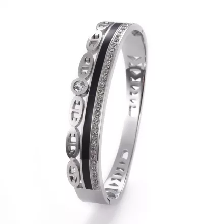 Ezüst Színű Nemesacél Strasszos Fekete Tűzzománc Karkötő Karperec