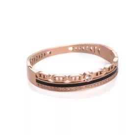   Rózsaarany Színű Nemesacél Strasszos Fekete Tűzzománc Karkötő Karperec