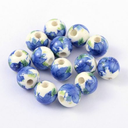 Kék Virágos Porcelán Gyöngy 10mm