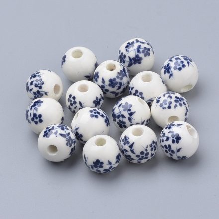 Kék Virágos Porcelán Gyöngy 12mm
