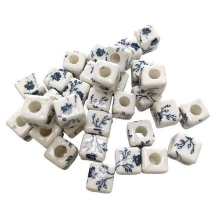 Kék Virágos Fehér Porcelán Kocka Gyöngy 10x10mm