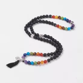   Lávakő 7 Csakra (1) Ásvány Nyaklánc Mala Ajándék Zsákvászon Tasakban 8mm 74cm