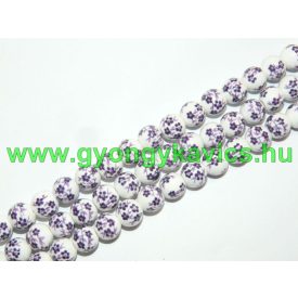 Lila Virágos Porcelán Gyöngy 12mm