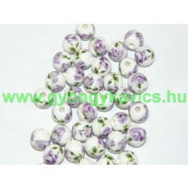 Lila Virágos Porcelán Gyöngy 12mm