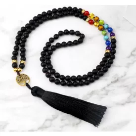   Matt Fekete Achát (5) Életfa 7 Csakra Ásvány Nyaklánc Mala 6mm 74cm