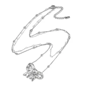   Ezüst Színű Nemesacél Masnis Dupla Nyaklánc Szintetikus Kagyló Gyöngyökkel