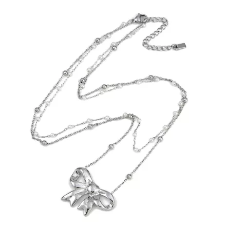 Ezüst Színű Nemesacél Masnis Dupla Nyaklánc Szintetikus Kagyló Gyöngyökkel