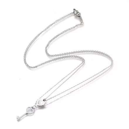 Ezüst Színű Nemesacél Gyöngyház Szív Kulcs Dupla Nyaklánc