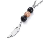 Ezüst Színű Nemesacél Rózsaarany Cirkónia Strasszos Toll Medálos Nyaklánc Fekete Achát Gyöngyökkel