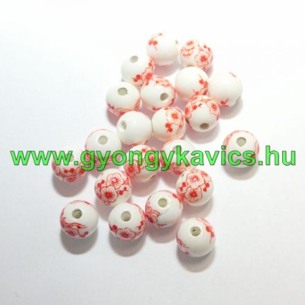 Piros Virágos Porcelán Gyöngy 8mm