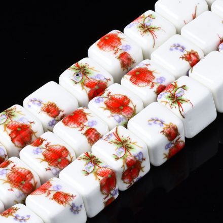 Piros Virágos Fehér Porcelán Kocka Gyöngy 9x9x9mm