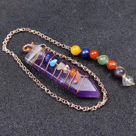   Ametiszt 7 Csakra Réz Színű Inga Pendulum Medál Lánc (Inga: ~60x16mm, Hossz: 27cm)
