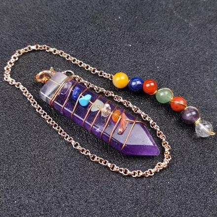 Ametiszt 7 Csakra Réz Színű Inga Pendulum Medál Lánc (Inga: ~60x16mm, Hossz: 27cm)