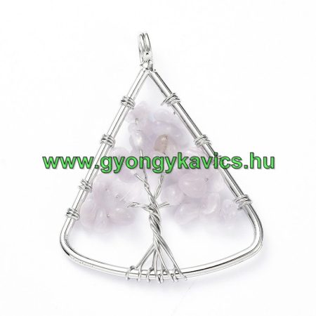 Ezüst Színű Rózsakvarc Életfa Háromszög Ásvány Medál 40x30mm