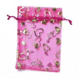   Rózsaszín Szíves Organza Tüll Díszzacskó Dísztasak 15x10cm