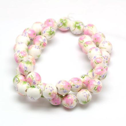 Rózsaszín Virágos Porcelán Gyöngy 10mm