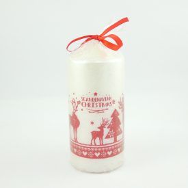   Skandináv Karácsonyi Mintás Fehér Metál Henger Gyertya 15x7cm