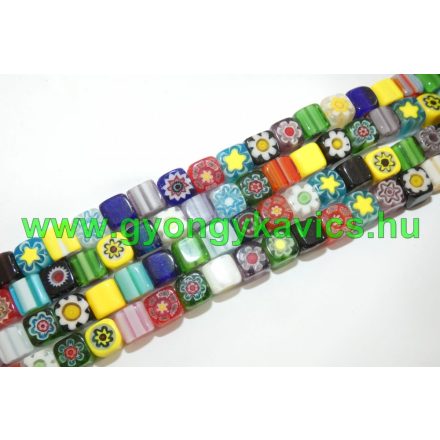Színes Virágos Millefiori Kocka Üveggyöngy 6x6mm