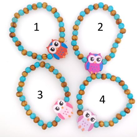 Rózsaszín Fa Szintetikus Türkiz Bagoly Karkötő (3) (K73) 6mm Átmérő: 4,2cm